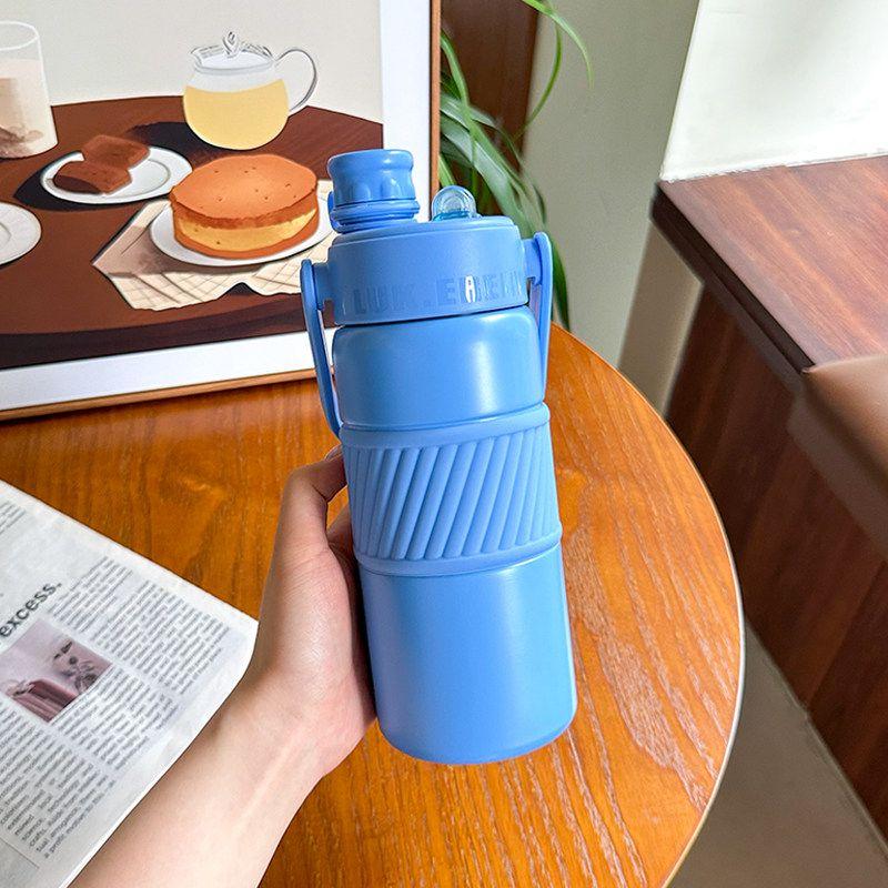 Simple Large-Capacity Thermos Cup for Students, Portable with Handle, Dual Drinking Cup, High-Looking, Unisex Fitness Straw Water Bottle