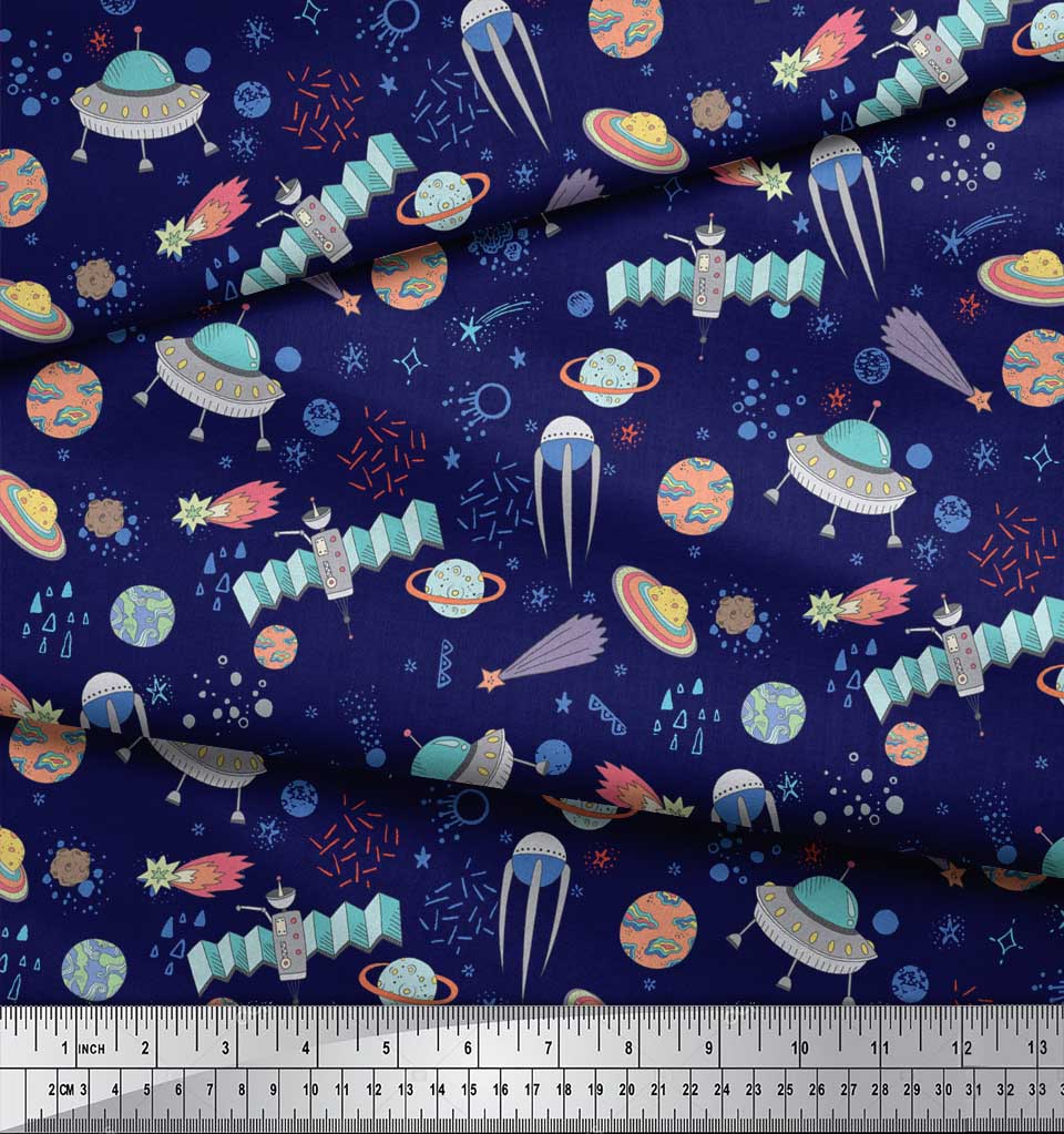 Soimoi Tessuto Raso Crêpe Verde Giappone Stampa Galassia Satellite e Pianeta Tessuto al metro 42 Pollici