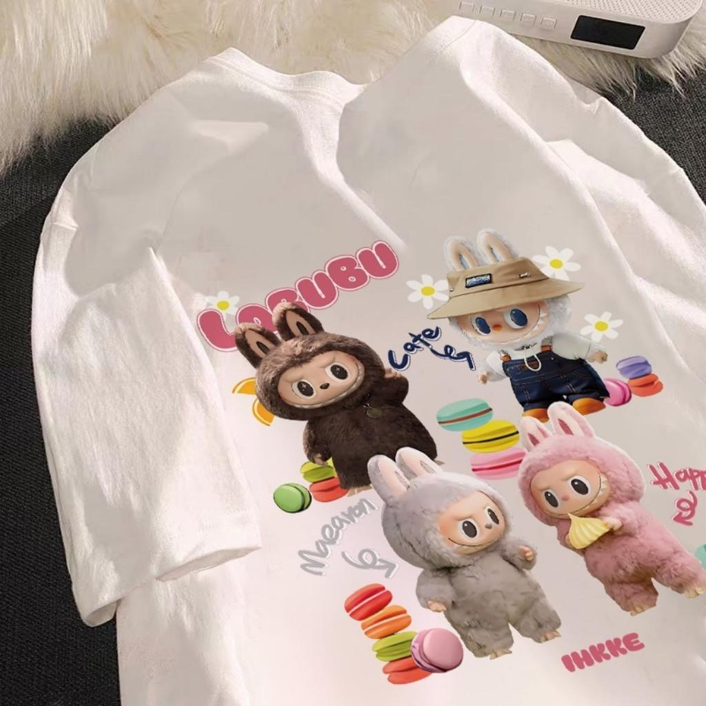2025 New Labubu Women's T-shirt Casual Style Round Neck Short Sleeved Fashionable and Popular Cartoon Printed Women's Top