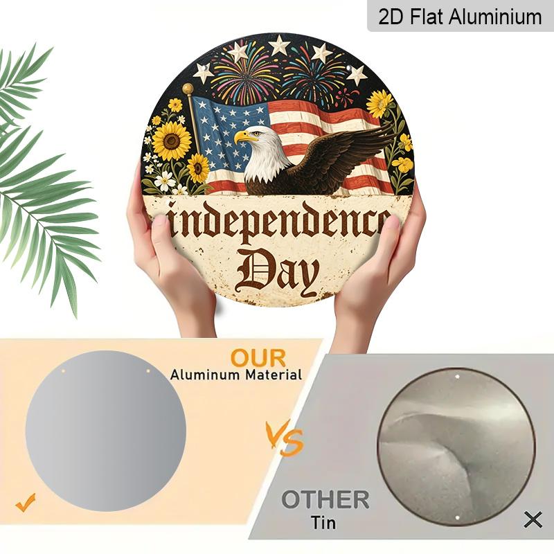 2D Flat, 1pc Round Decor, Vintage Patriotic American Flag, Eagle, Fireworks, Liberty, Aluminum Wall Decor for 4th of July, Home, Office, Porch