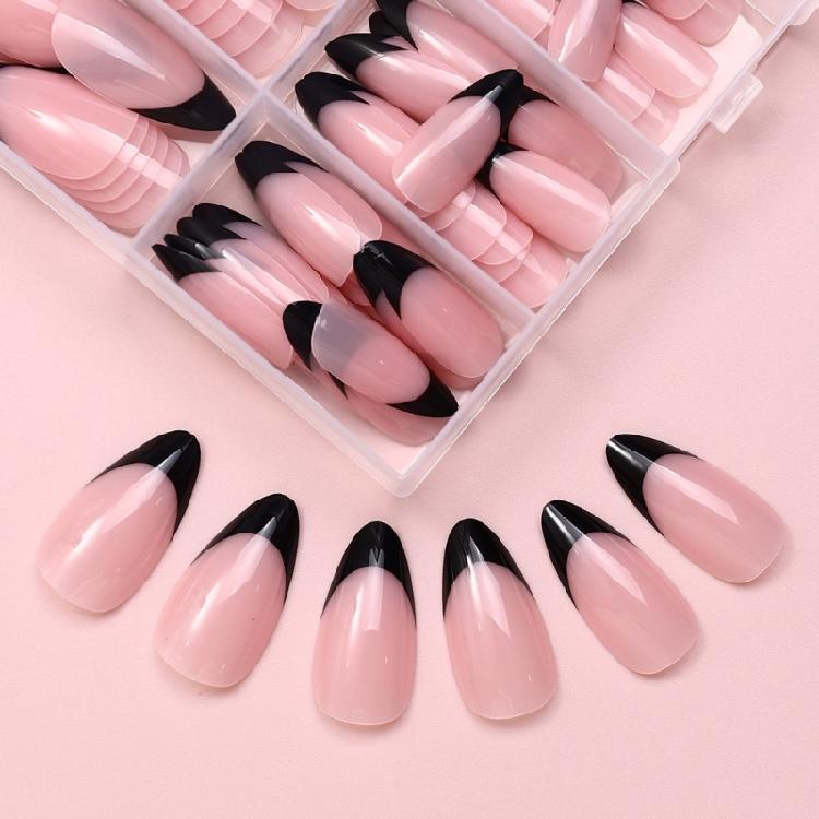 120x/Box Black French Tip False Nails Simple Full Cover Stick On Nails Wearable Almond Press On Nails Manicures Suppliss