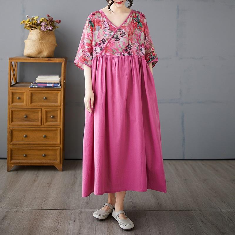 Kurzarm Plus Size Baumwolle Vintage Blumenmuster Neu in Kleidern für Damen lässig locker langes Sommerkleid
