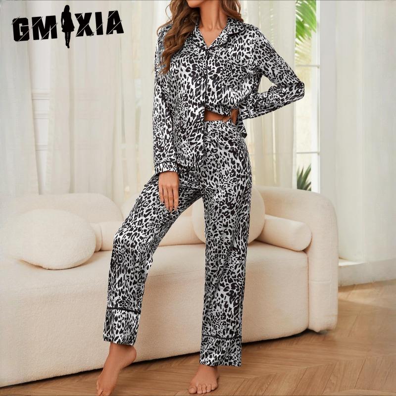 GMXIA Women's Pajamas Autumn and Winter Simulation Silk Leopard Long-sleeved Trousers Two Sets of Homewear
