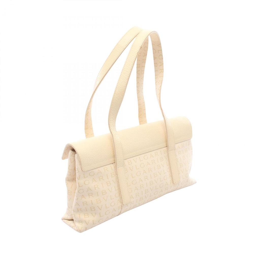 Used BVLGARI Logo Mania Handbag Canvas Leather Beige Beige Used Women