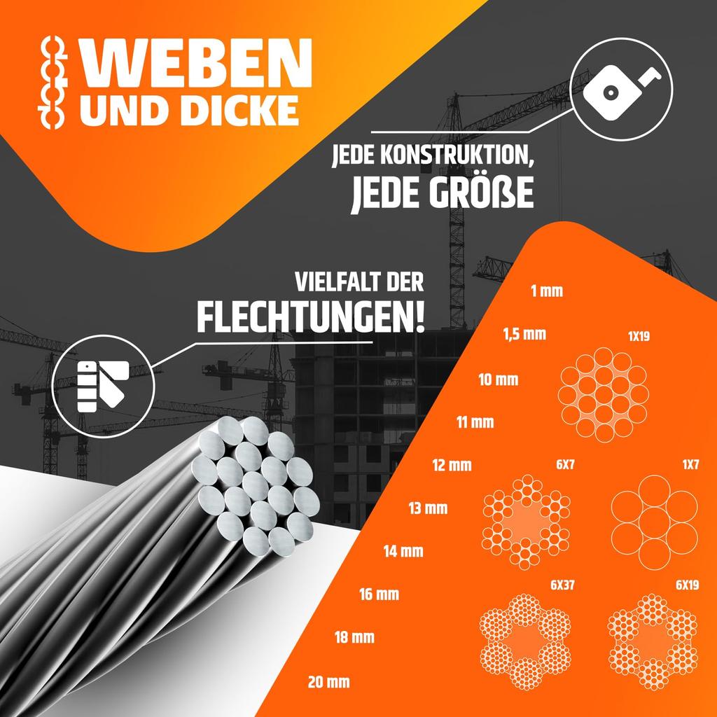 DQ-PP STAHLSEIL - Konstruktion: 1x19 - Durchmesser: 2mm - Länge: 100m - galvanisch verzinktes Drahtseil - Forstseil - Windenseil - Spannseil