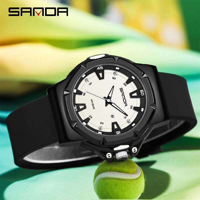 SANDA 3260 Sleek Trendy Student's Quartz Watch Silicone Strap Auto Calendar Waterproof Casual Wear Wristwatch for Adolescent