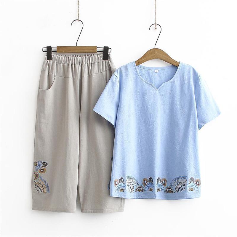 

Летний костюм из 2 предметов, женская хлопковая футболка, брюки, удобный двухкомпонентный топ с короткими рукавами и длинные брюки, свободный повседневный костюм M синий
