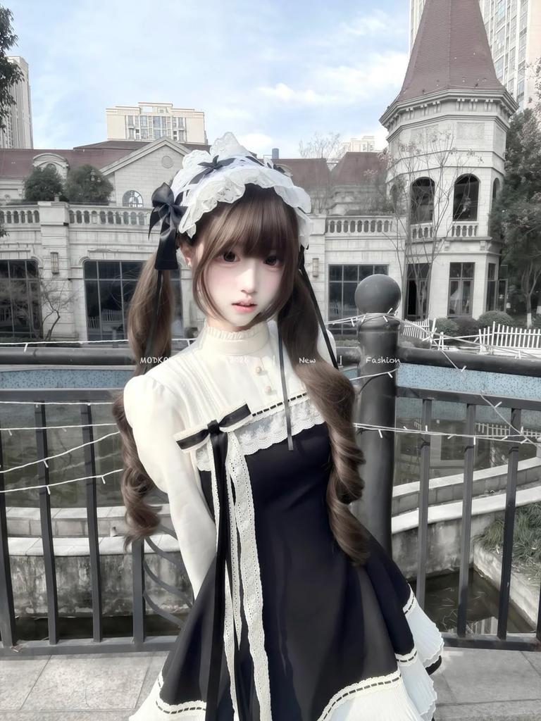 MODKOKU Gotické vrstvené šaty Lolita z umělé kůže s mašlí v pase a úhledným a mini roztomilým francouzským dívčím Halloween aristokratickým dámským dlouhým šatem XL, Dámské