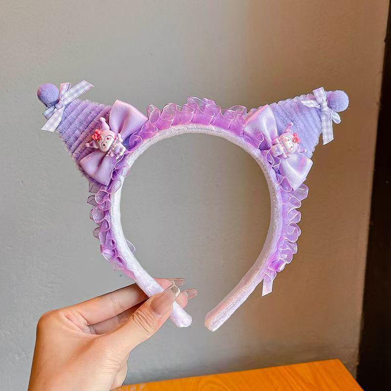 Kuromi Purple Plush Headband for Kids 2025 - Twist Stick Pompom with Bow and Lace Edge