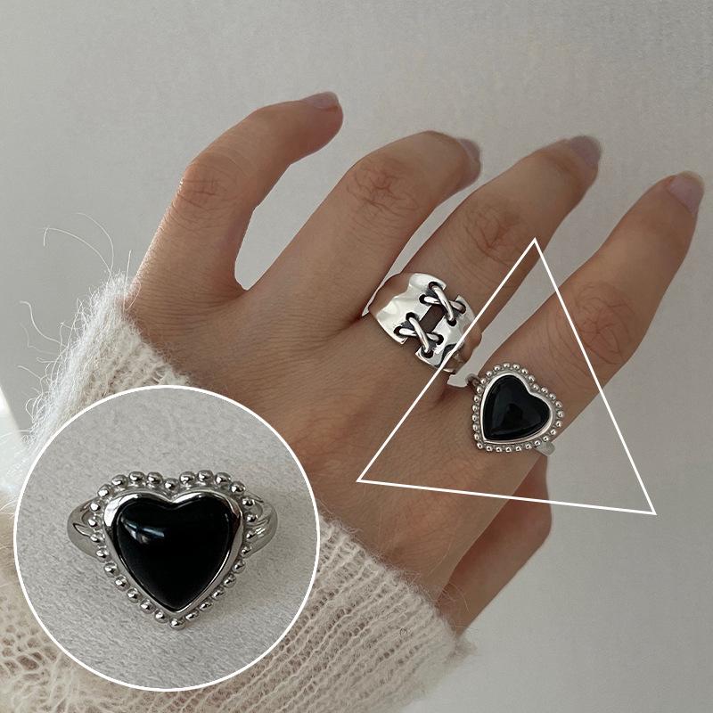 Anel Aberto Oval Preto Banhado a Prata S925 - Moda Hip Hop Punk Feminina, Acessório Empilhável para Dedo Indicador