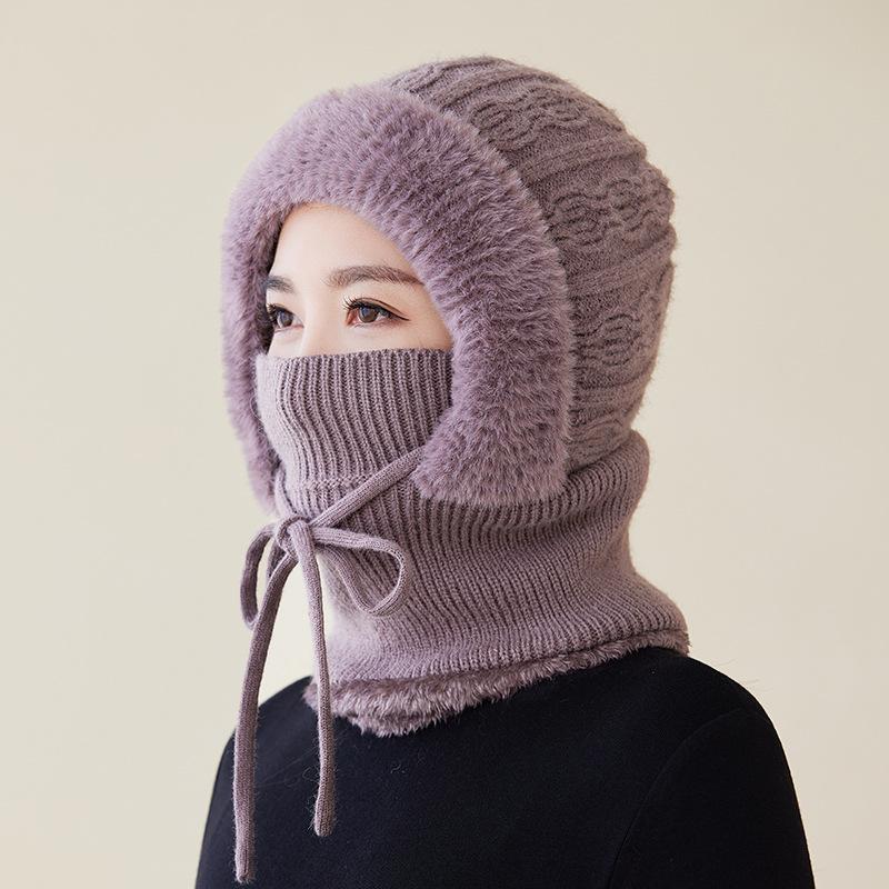 New Winter Cycling Fleece Thickened Warm Needle Wool Pullover Hat Women's Scarf Integrated Ear Protection Knitted Hat