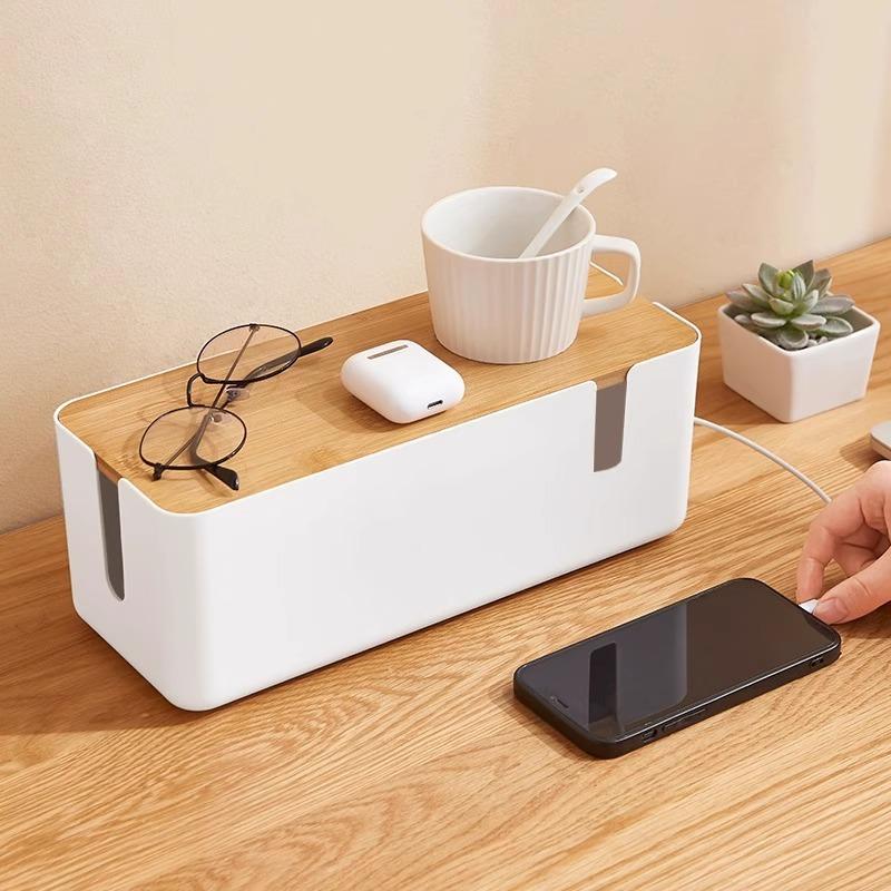 Bamboo Top Power Strip Cover Box Cable Organizer Desk Multi-Outlet Cord Hider Storage Case for Kid Friendly Entertaining Fun Play Safe