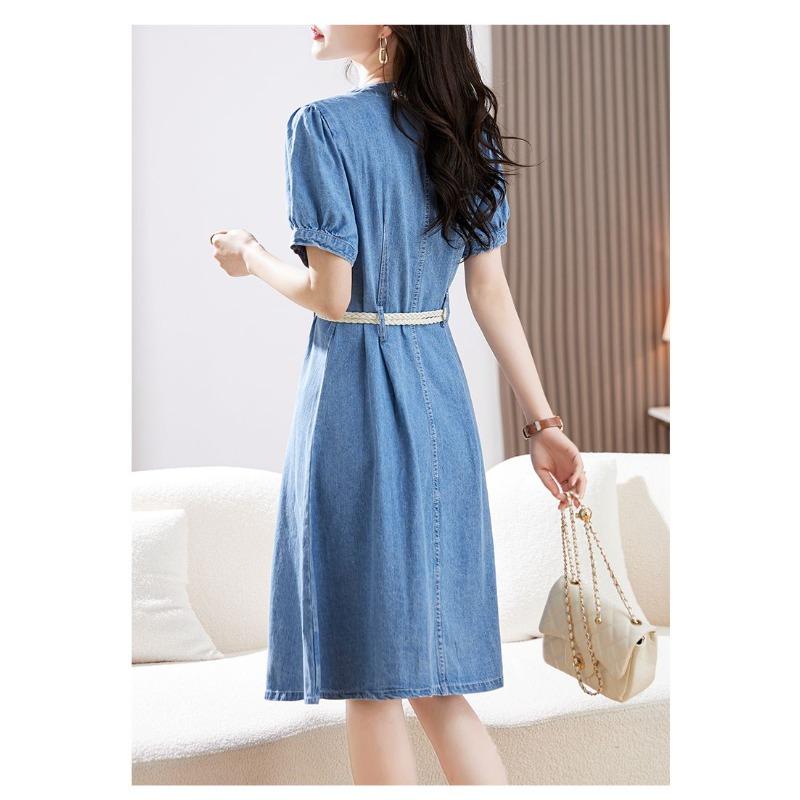 Summer Slim Fit Denim Dress Casual Short Sleeve Waist Tie Womens Fashion Lightweight and Comfortable Stylish Outfit