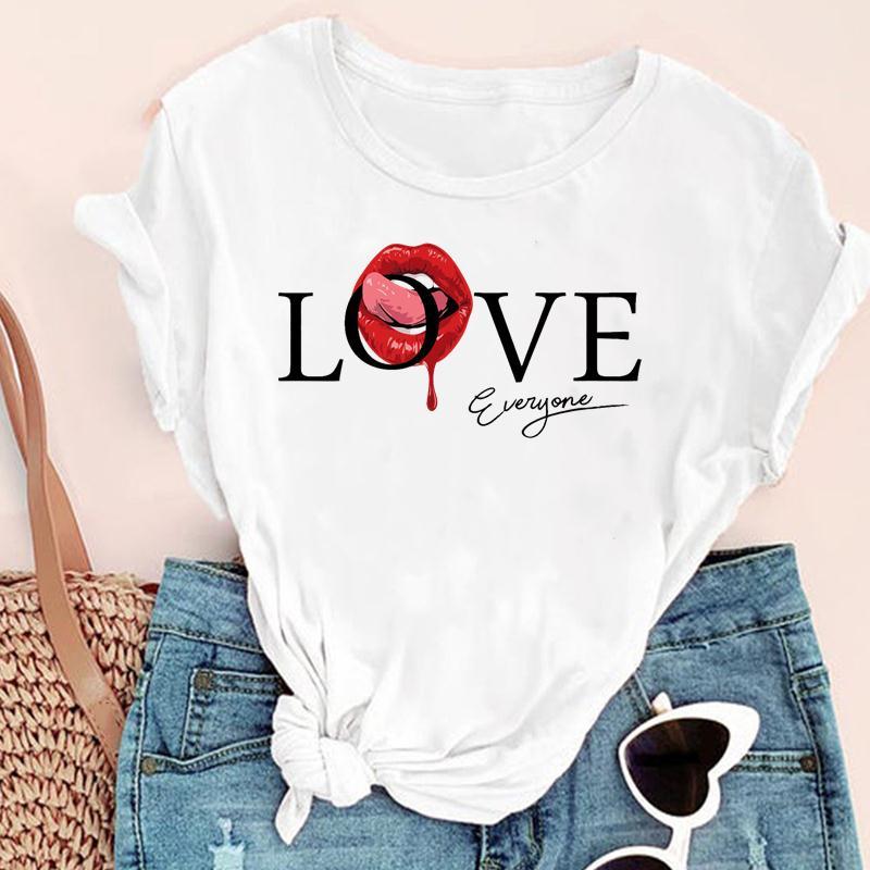 Tricou cu gât în ​​formă de O pentru femei Tricou la modă pentru femei Tricou cu mânecă scurtă cu buzele roșii Tricou cu mânecă scurtă pentru femei