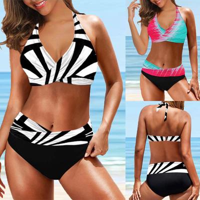 Women's Fashion Split High Waist Printed Bikini With Bra Pads And No Steel Bra Swimsuit