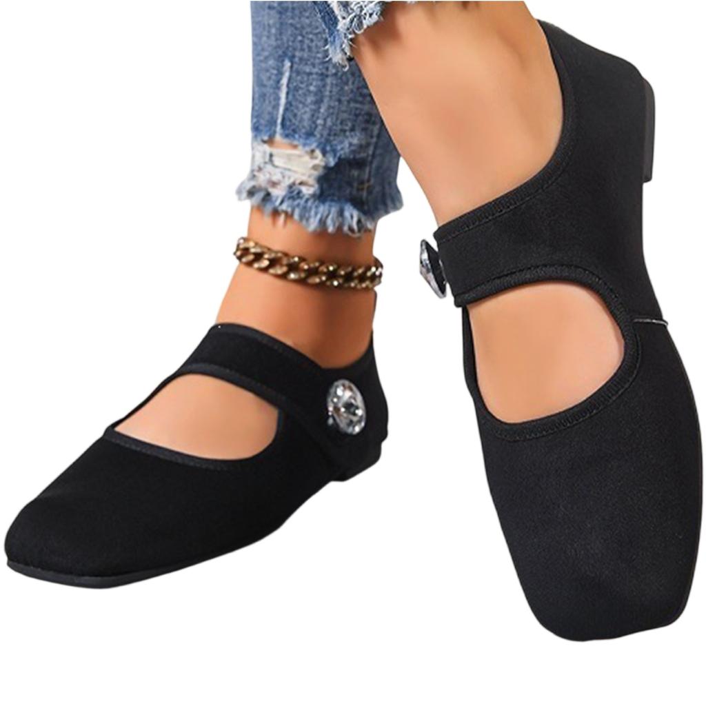Women's Plus Size Casual Square Toe Flats with Rhinestone Decoration Adjustable Strap Comfortable Slip-On Shoes Suitable for Daily Wear