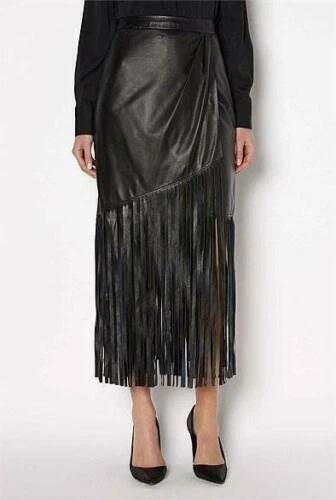 Fashionable Black Fringed Style Women's Leather Skirt Genuine Lambskin Leather