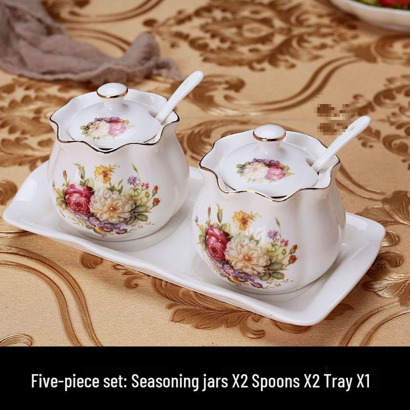 Nordic Style Ceramic Jar Set: Two-Piece Tray with Spoon, Four-Piece Seasoning Set, includes Sugar Bowl, Vinegar Pot, Oil Pot, and Chili Oil Pot.