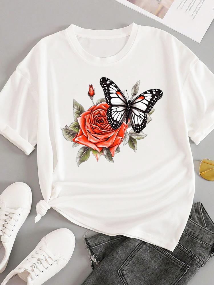 (Asian Size) trend love flower Short Sleeve T-shirts Women's Top T Female Print  Fashion O-neck Casual Clothing  Graphic Tee