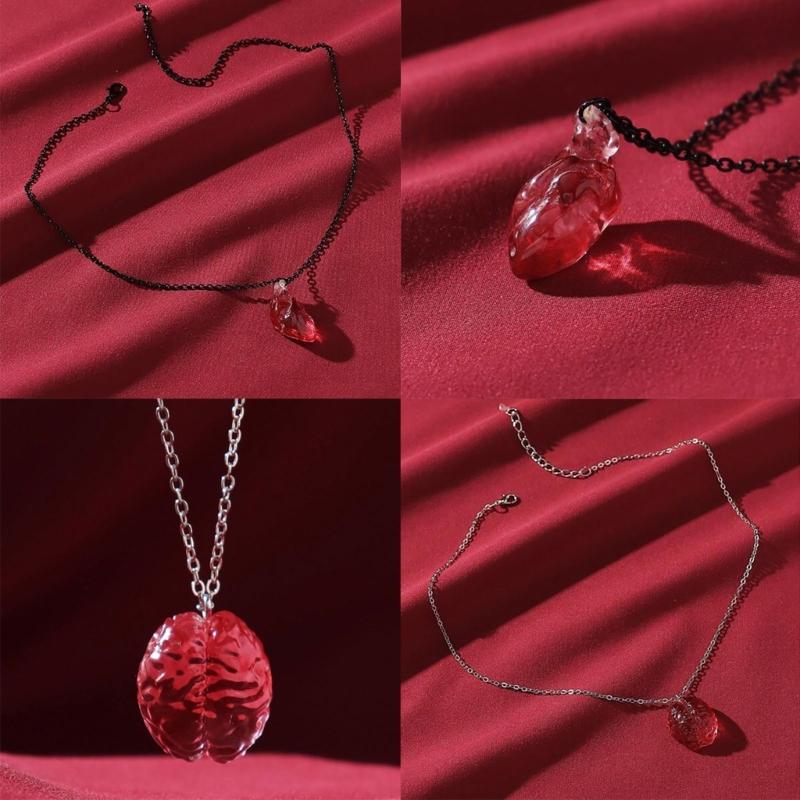 Funny Red Brain Pendant Necklace/Earings/Ring for Halloween Party Unique Heart Neckchain/Ear Drops Stylish Accessory
