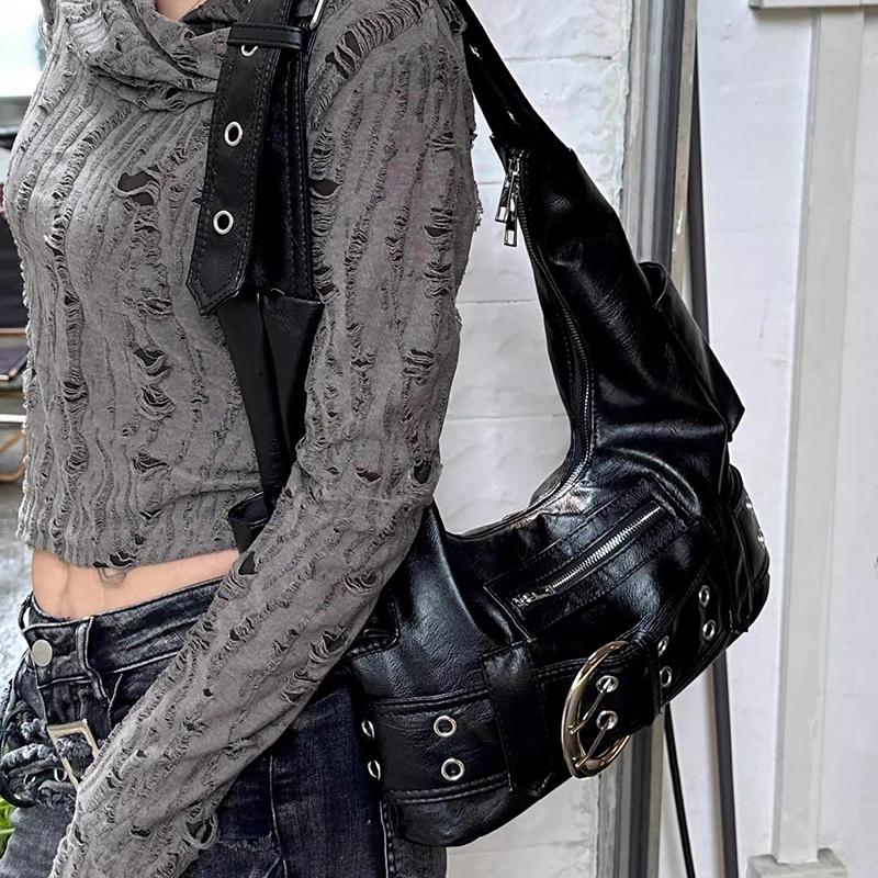 Retro Luxury Belt Buckle Shoulder Bag, Y2k Hot Girl Motorcycle Bag, Fashion Rivet Large Capacity Handbag Crossbody Dumpling Bag