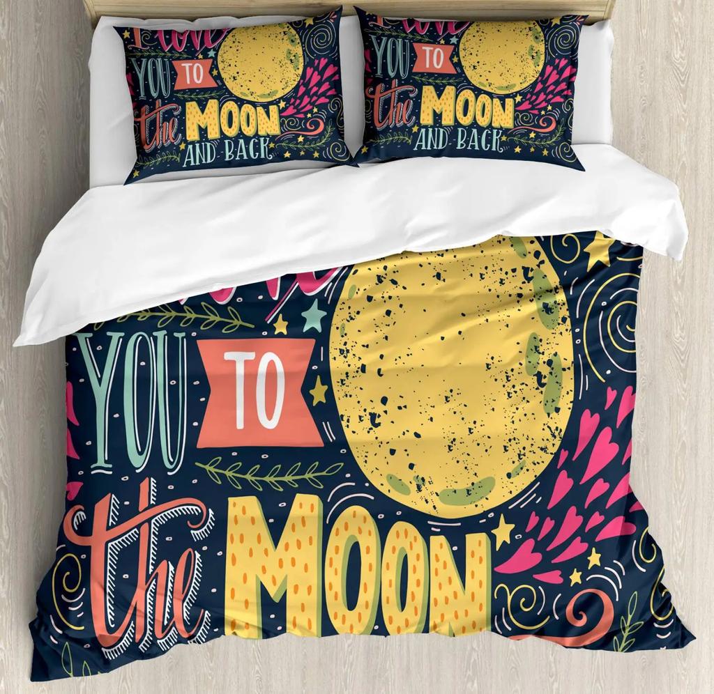 I Love You Duvet Cover Hand Drawn I Love You To The Moon And Back Words With Stars Celebration King Size Polyester Bedding Set