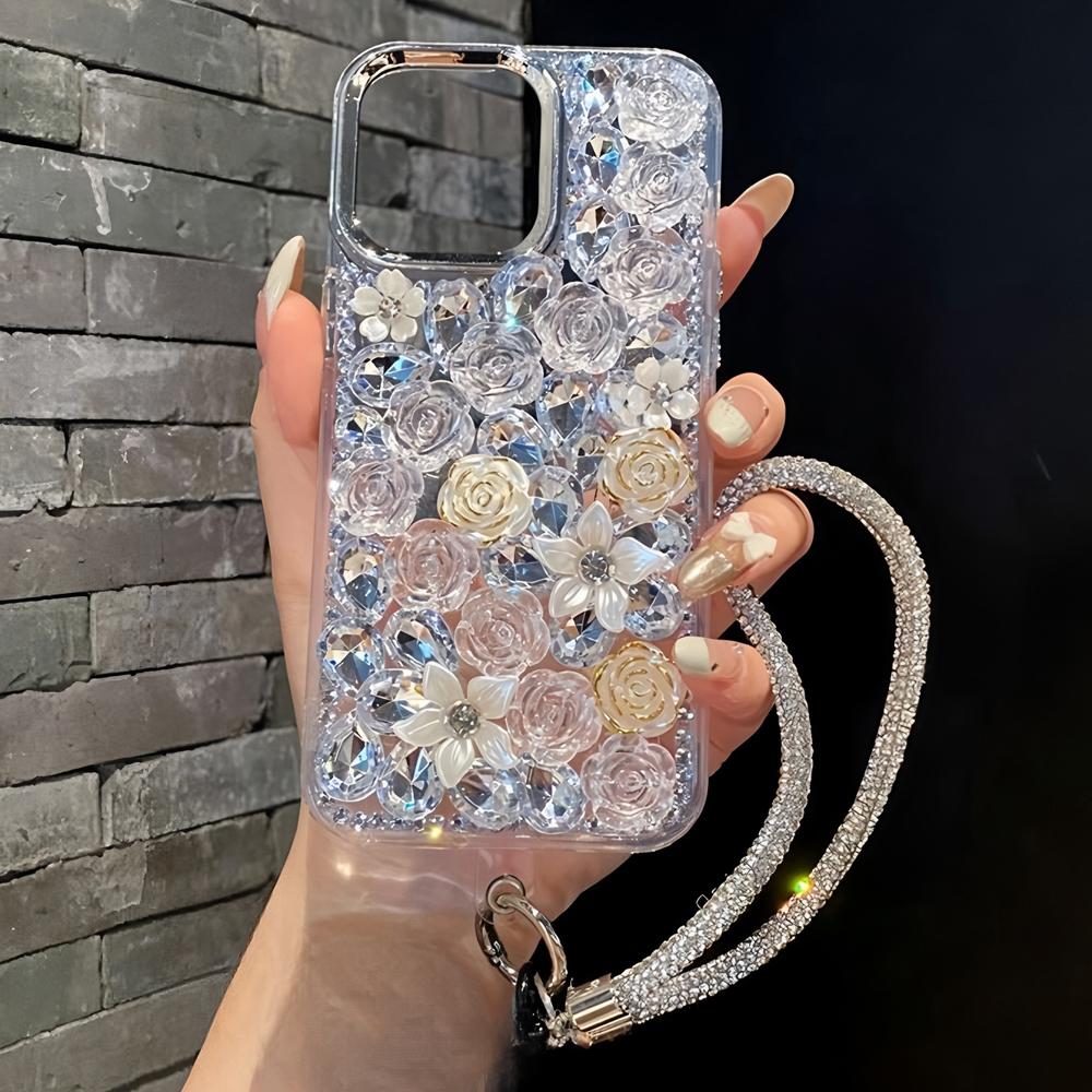 Glitter Crystal Rhinestone Floral Phone Case For Motorola Edge 60 Fusion 50 Neo Ultra Pro 40 Wrist Strap Gift girl