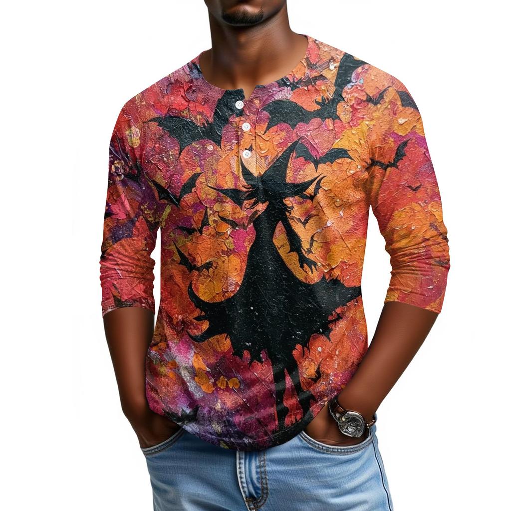 Men's Casual Halloween Print Henley Shirt Raglan Three Quarter Sleeve Top Comfortable Fit Lightweight Fabric