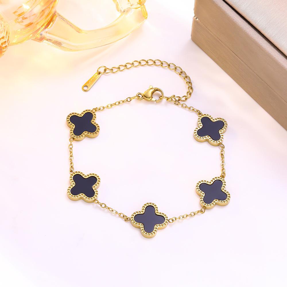 INS Style Titanium Steel Four-Leaf Clover Five-Petal Luxury Bracelet Jewelry. браслета с ракушками черный