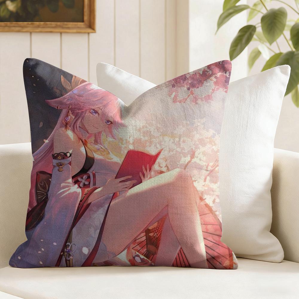 Yae Shrine Maiden Genshin Impact Cushion Cover Natural Linen Double Sided Print Throw Pillow Case for Sofa Couch Home Decor