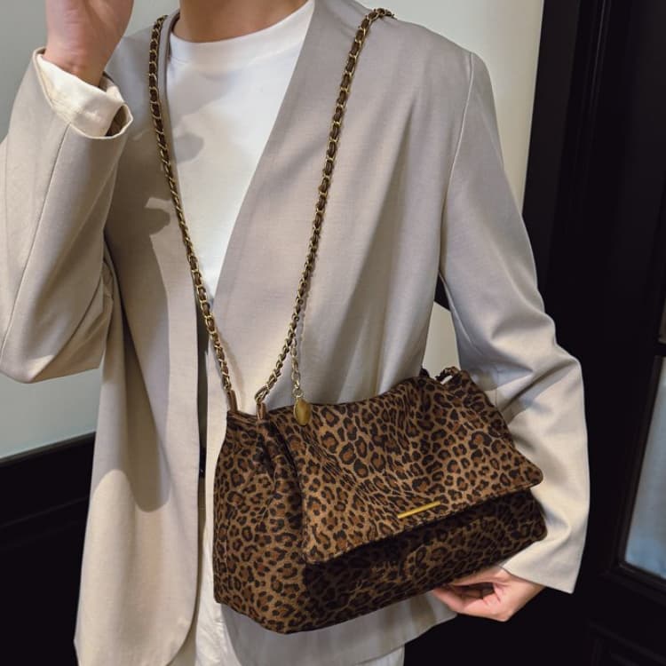 Ladies Gold Zipper Leopard Print Crossbody Bag