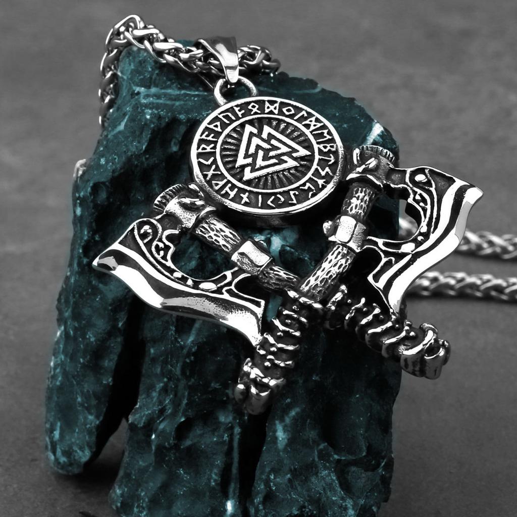 YQ 316L Stainless Steel Double Axe Viking Pendant Necklace For Men Jewelry Punk Accessories