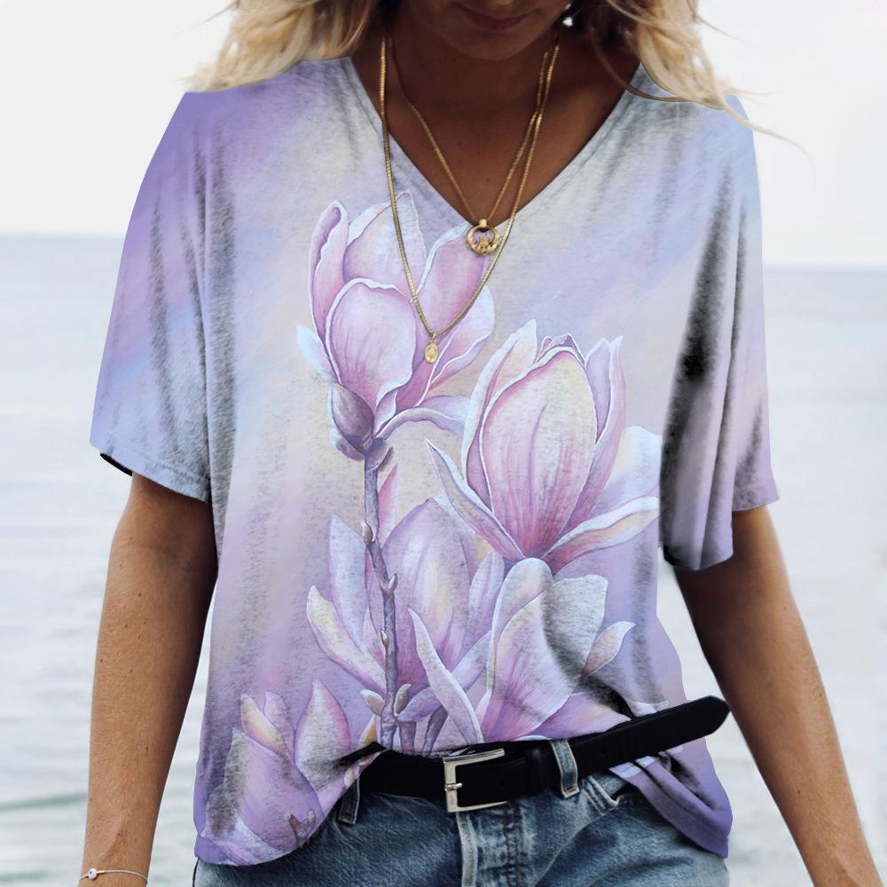 Summer V-neck 3D Flower Butterfly Printed Top Fashionable Casual Short Sleeved Women's T-shirts