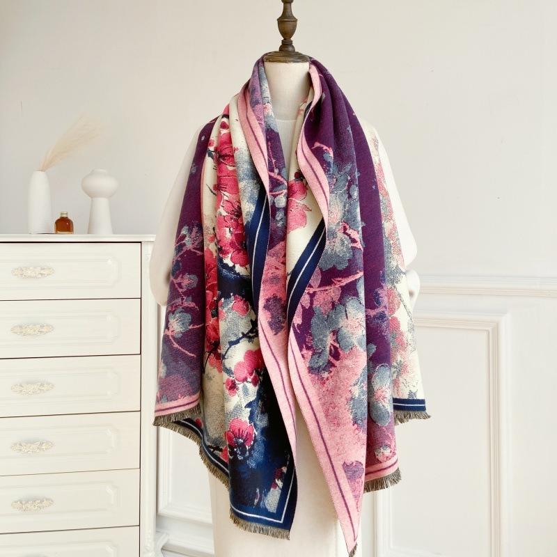 Ink painting, flower imitation cashmere printing scarf, new elegant women's warm scarf, fashionable retro shawl