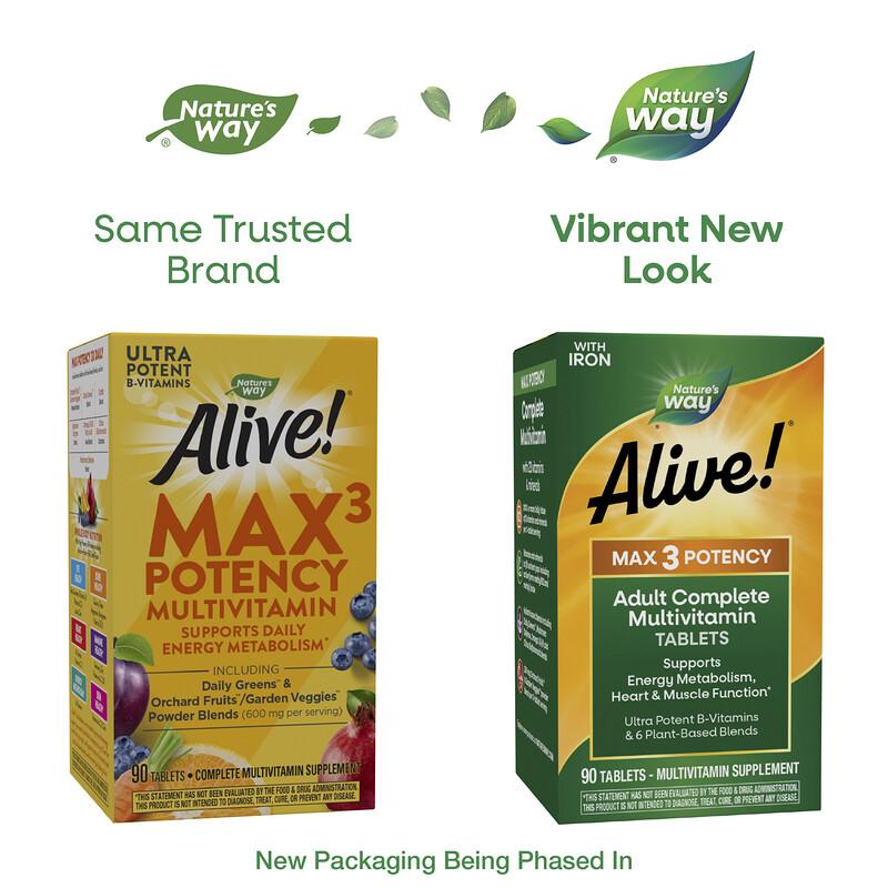 Alive!® Max3 Potency, Adult Complete Multivitamin, With Iron, 90 Tablets