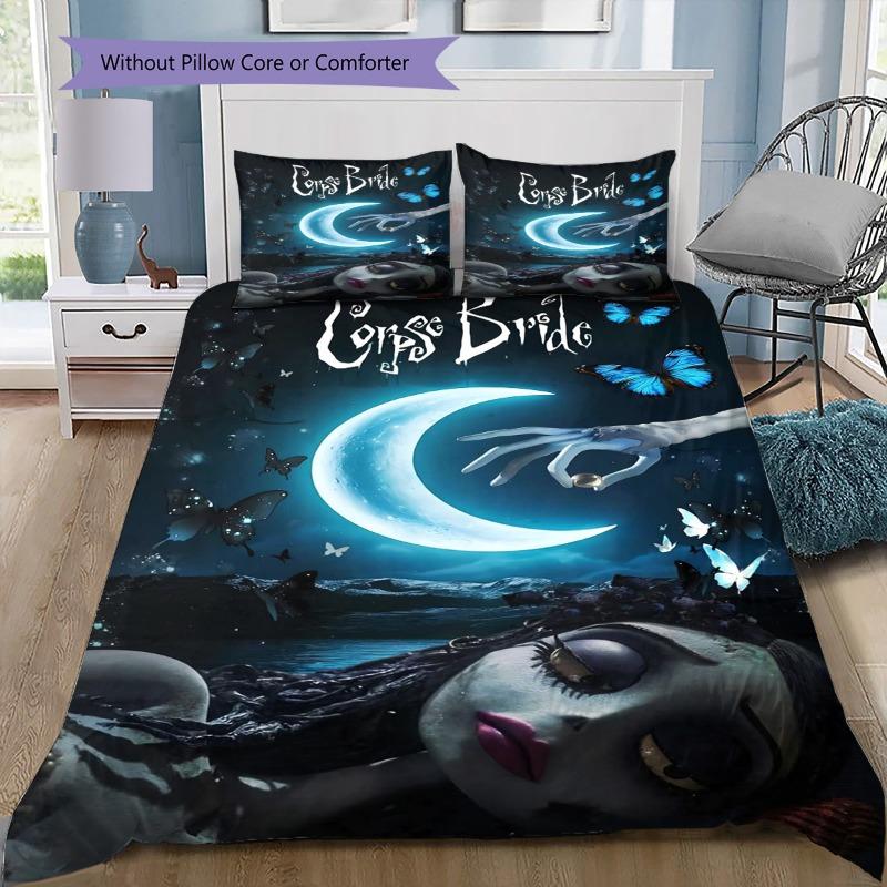 Corpse Bride Emily Moon Forest Print 3‑Piece Bedding Set, Gothic Romantic Duvet Cover Set for Bedroom Home Decor