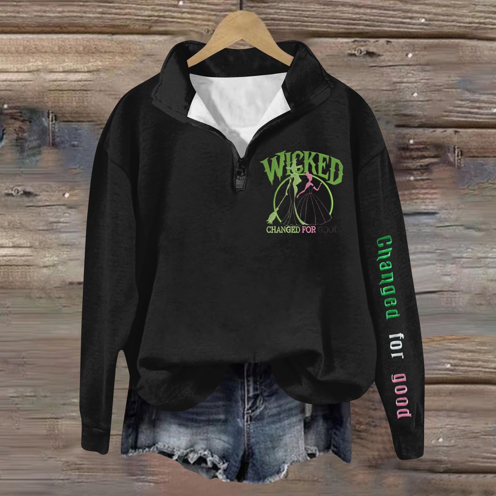 Women s Fashion All- Long Sleeve Witch Printed Zippered Hoodie Top XXXL