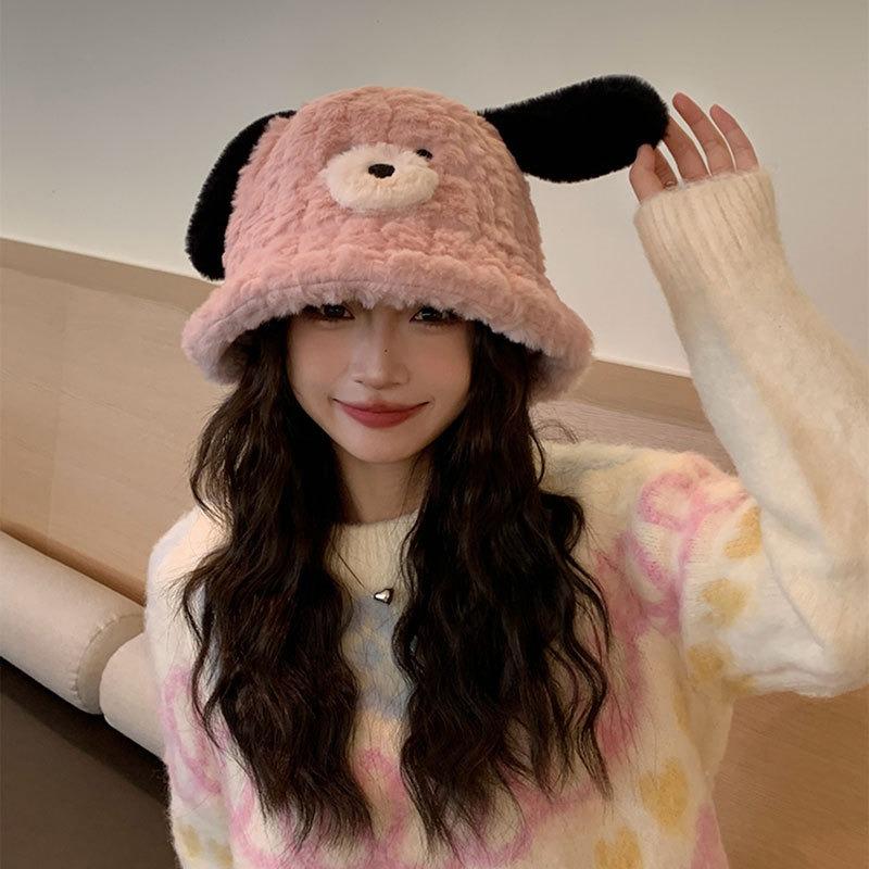 Women S Dog Ear Plush Bucket Hat Large Head Size Warm Cute Slim Face Korean Style Autumn Winter