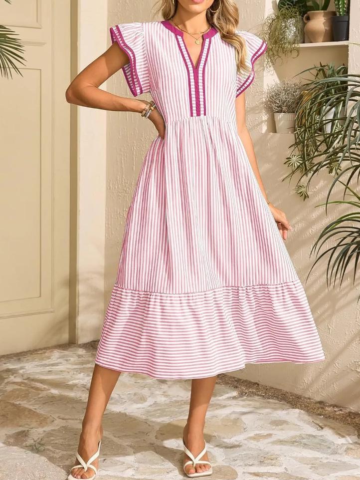 Europäischer & Amerikanischer Stil Damen Gestreiftes V-Ausschnitt Kurzarm Langes Kleid (2026)
