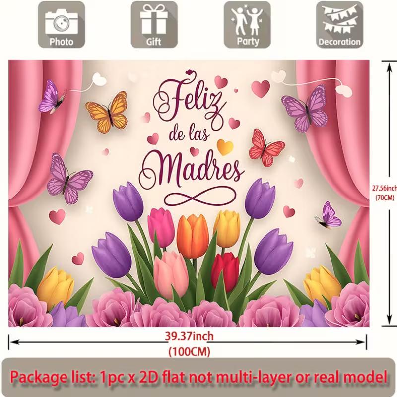2D Pink Curtain & Tulip Feliz de las Madres Photo Booth Background