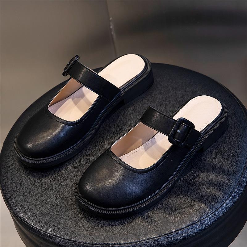 Leather half-tray shoes women's summer 2025 new outer wear fashion casual women's shoes fairy wind one-pedal bag head shoes