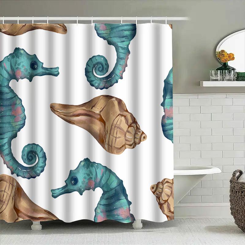 Seashell Seahorse Shower Curtain Waterproof Fabric Bath Decor Blue Green Print Home Decorative Washcloth White Background Patter