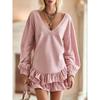 Women S Pink V Neck Ruffled Lantern Sleeve Short Sweatshirt Dress