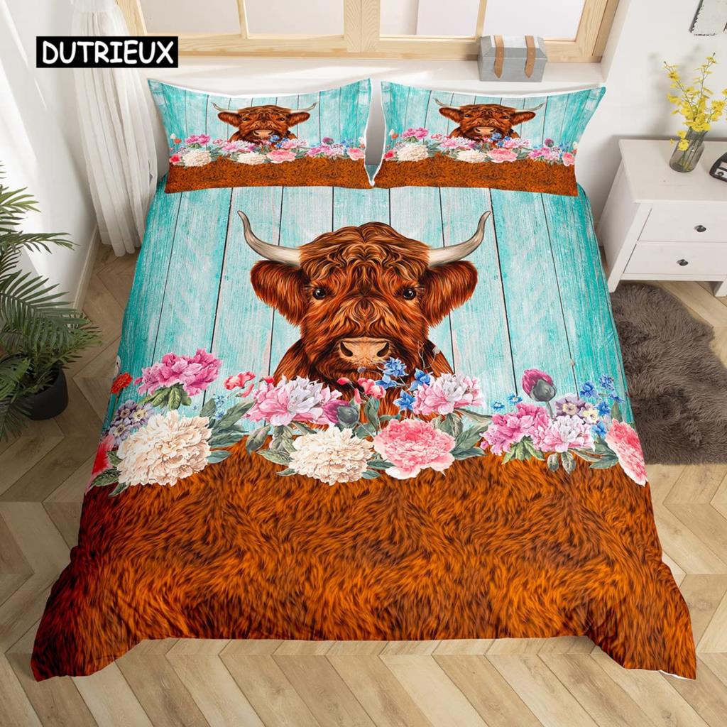 Kuh Bettbezug Set Twin King Size Bauernhoftier Bettwäsche Set Grüner Rankenblätter Druck Bettdeckenbezug Rustikale Holzbrett Steppdecke