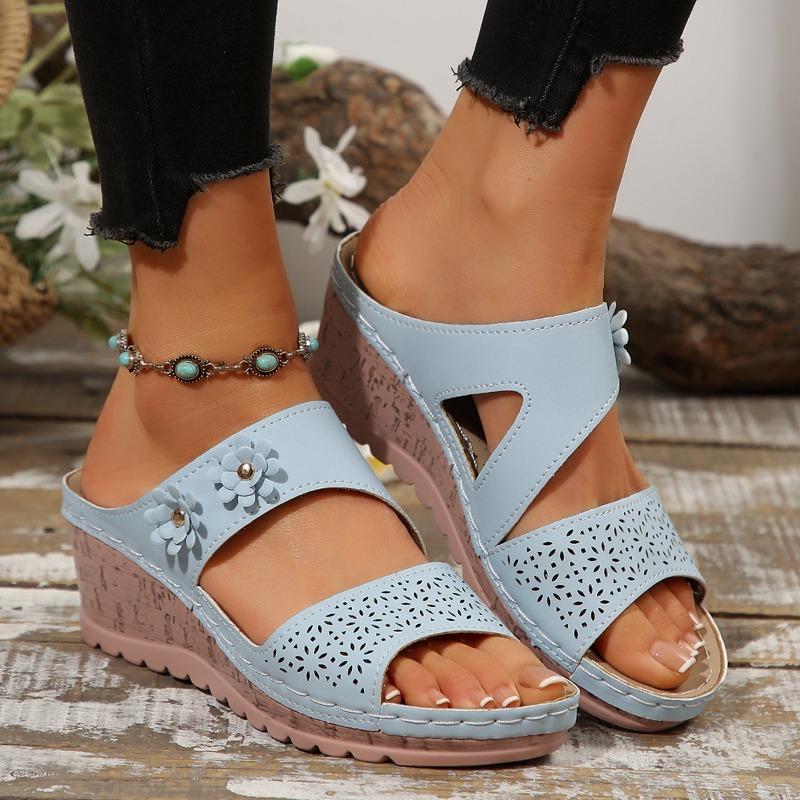 New women's sandals platform-soled wedges flower hollowed-out large-size sandals one-character cool slippers