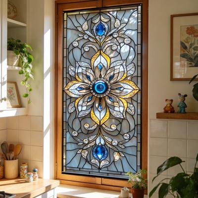 Window Privacy Film Sun Blocking Stained Glass Floral Window Decals Removable Static Clings for Living Room Bedroom Kitchen