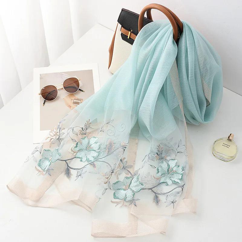 Fashion silk wool scarf women hijab pashmina shawls wrap Luxury Bandana Blanket Floral Pashmina Embroidery Scarves Foulard