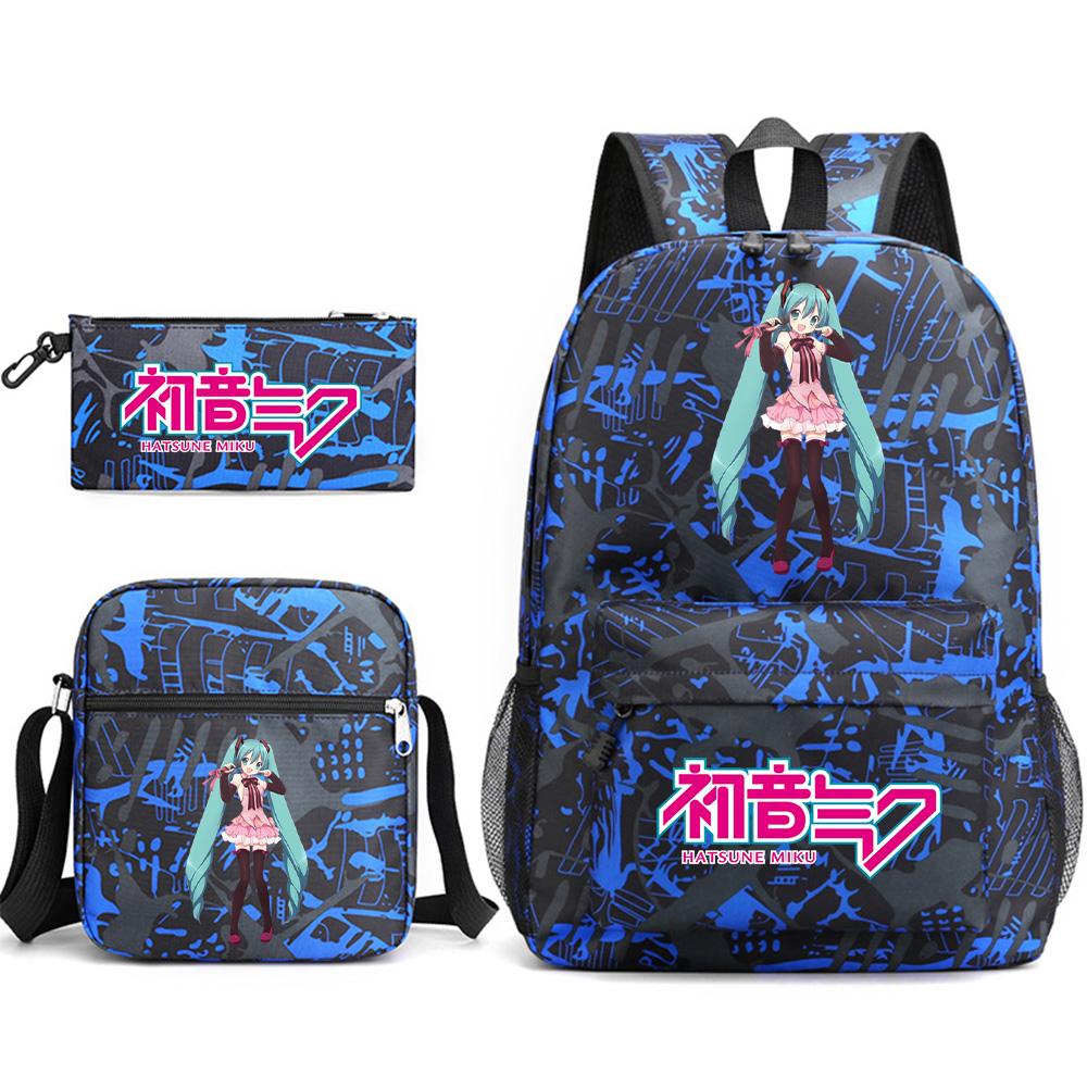 3Pcs/set Anime Cartoon Hatsune Miku Printed Backpack with Shoulder Bag Pencil Case for Teenager Student Boy Girl Large Capacity Waterproof School Bag