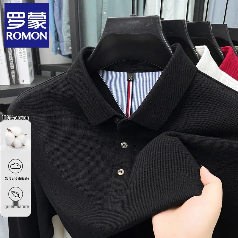 Romon Men's Pure Cotton Business Casual Long-Sleeve Polo Shirt