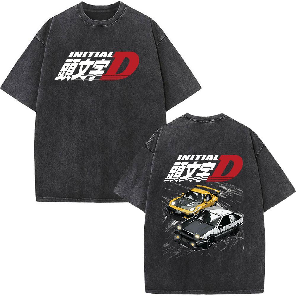 Anime Initial D Drift AE86 Washed Vintage Print T-shirt RX-7 R34 Skyline GTR JDM T-shirts Men's Harajuku Cozy Oversized T Shirts
